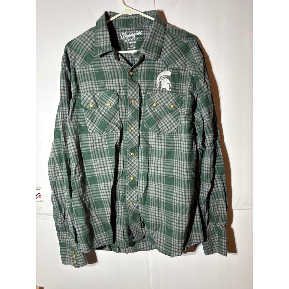 Wrangler Retro Premium Men's Green Plaid Western Snap Shirt XXL Spartan MSU